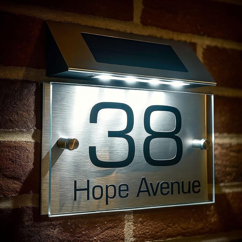 Personalised House Sign Plaque Door Number, Solar Light Street Sign, Acrylic & Aluminium, 200mm x 140mm