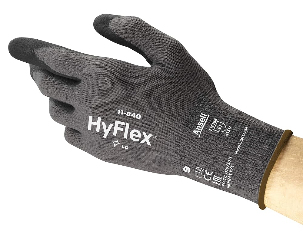 Ansell HyFlex 11-840 Professional Work Gloves, Black, Size S