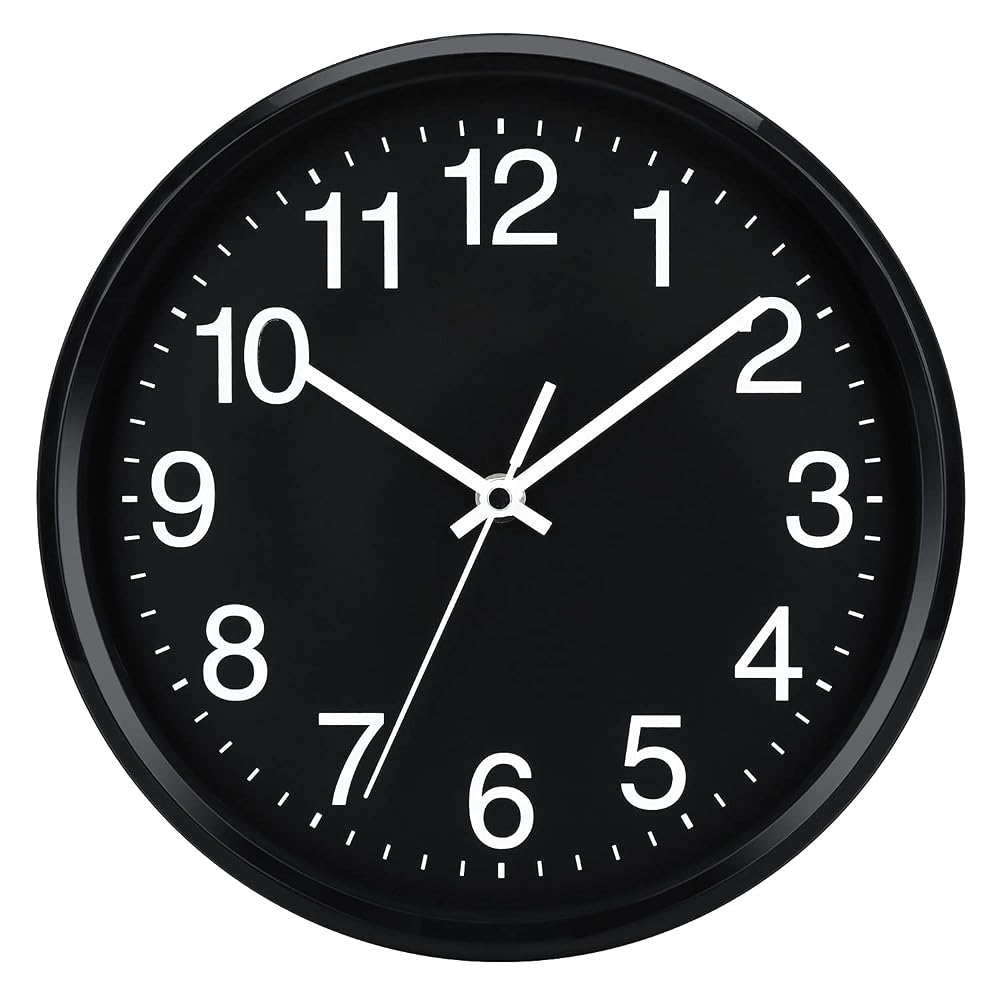 Plumeet Wall Clock, 10in Non-Ticking Silent Quartz Black Wall Clock, Battery Operated