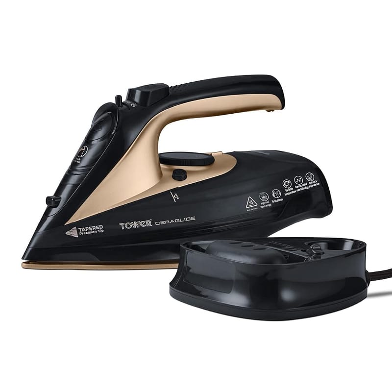 Tower T22008BKG CeraGlide Cordless Steam Iron with Ceramic Soleplate and Variable Steam Function, 2400W, Black and Gold