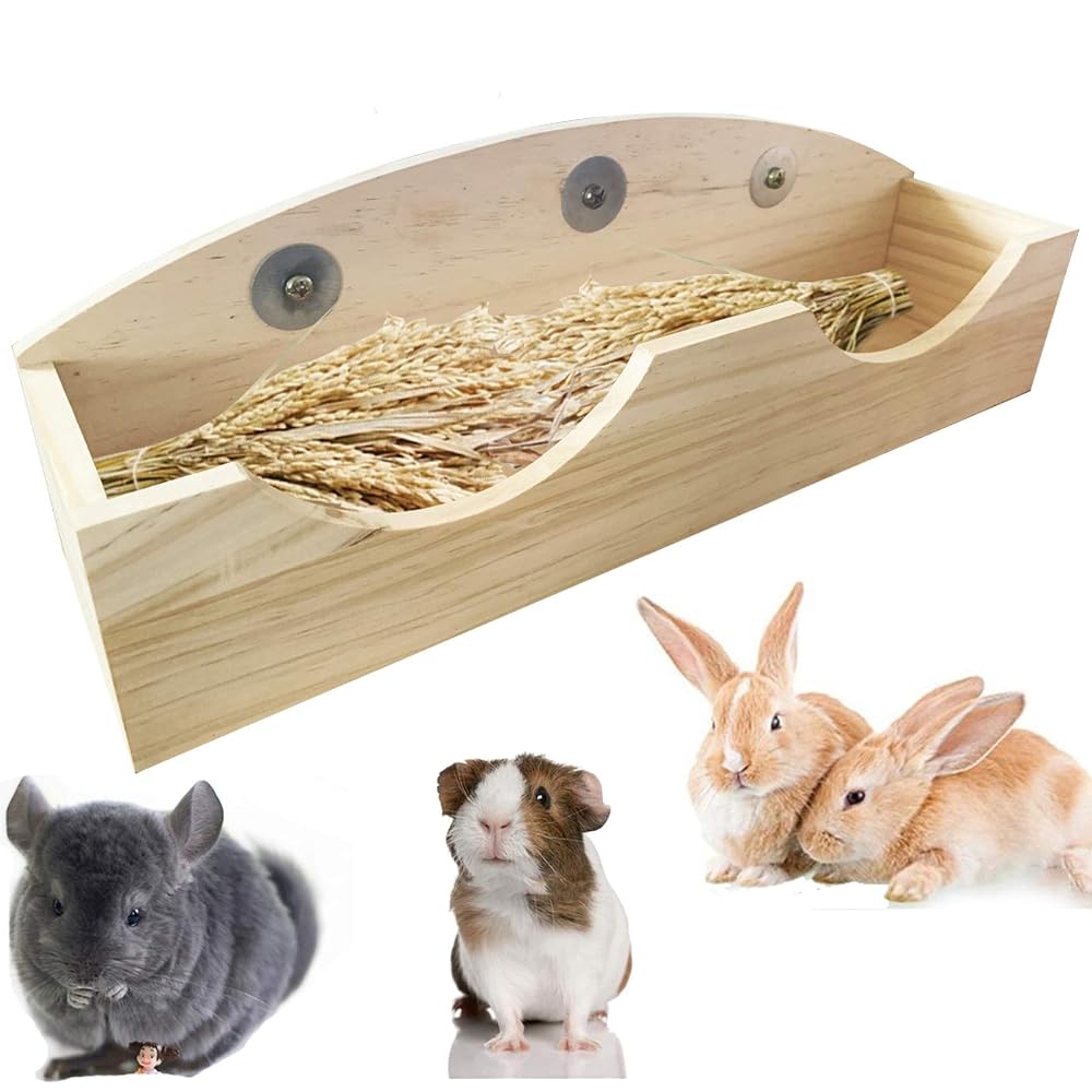 Hamiledyi Rabbit Hay Feeder Rack - Wooden Manger for Bunny, Guinea Pig, Chinchilla, Hamster - Food Holder With Grass Storage