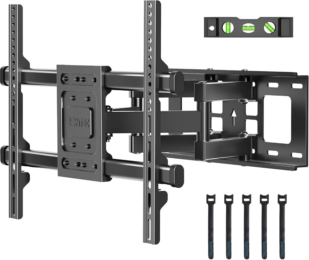 BONTEC TV Wall Bracket for 32-85 Inch TVs, Full Motion TV Wall Mount, 60kg, Max VESA 600x400mm, Heavy Duty Dual Arms, Swivel Tilt Adjustment, Bubble Level, Cable Ties Included