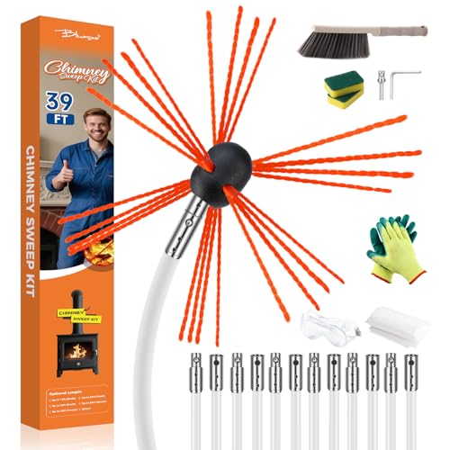 Bluesea 39 Feet Chimney Sweep Kit, Ergonomic Chimney Cleaning System with Strong Brush, Extends Up to 39 Feet, Includes 12 Flexible Chimney Rods