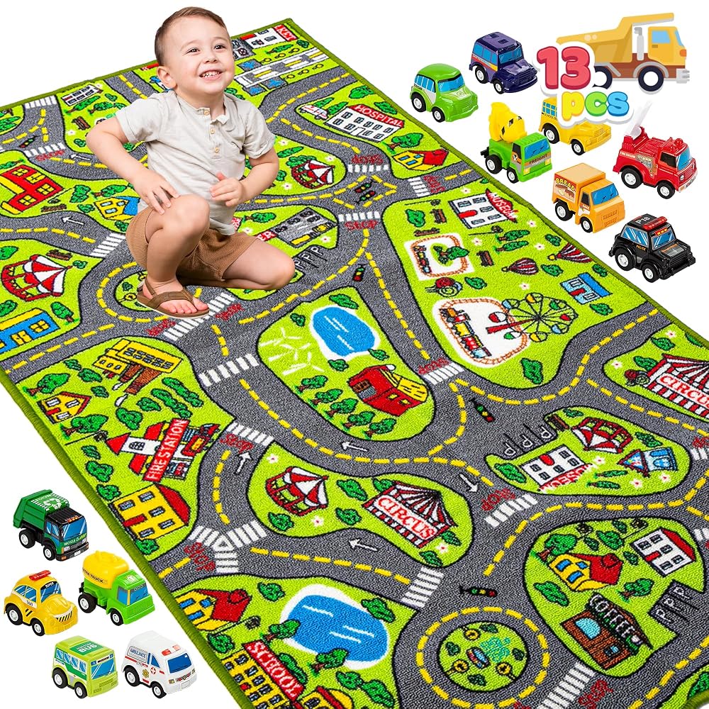 JOYIN Kids Play Mat - City Playmat with Road Tracks & 12 Vehicles, 148 x 80cm
