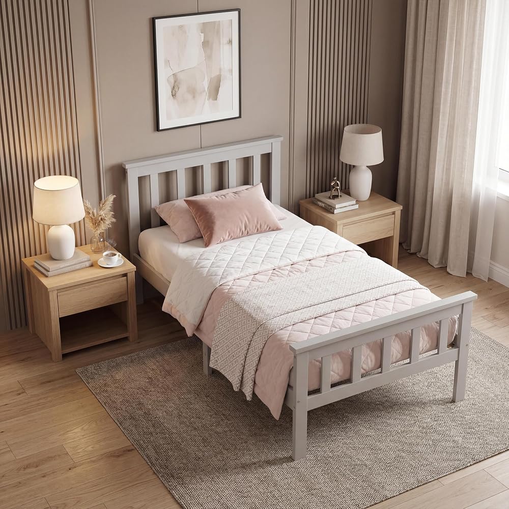 Panana New Single Bed Frame 3FT, Solid Pine Wood, Grey