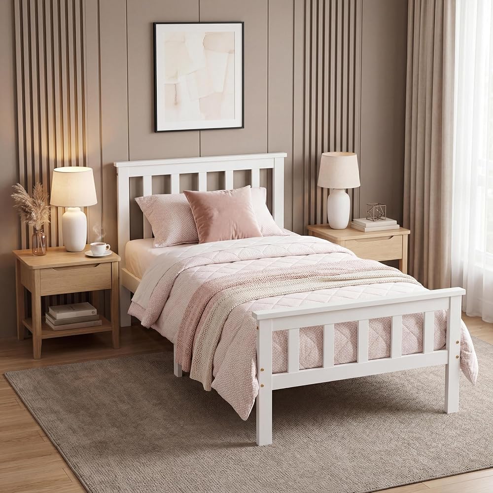 Panana New Single Bed Frame 3FT White Solid Pine Wood Bed for Adults, Kids, Teenagers