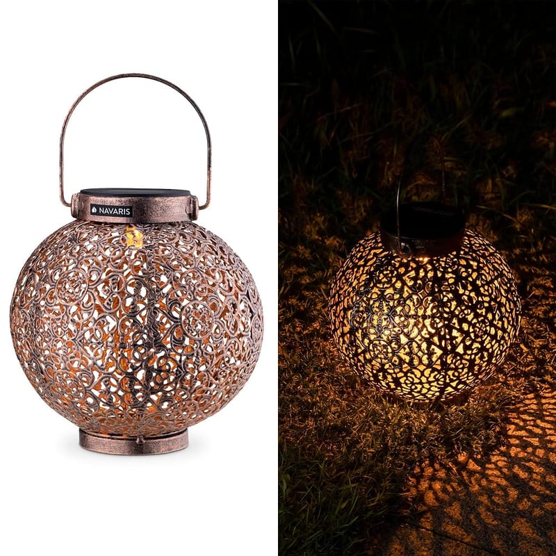 Navaris Outdoor Solar Lantern Light - 16cm Round Metal Hanging or Table LED Lighting with Decorative Bronze Silhouette Design