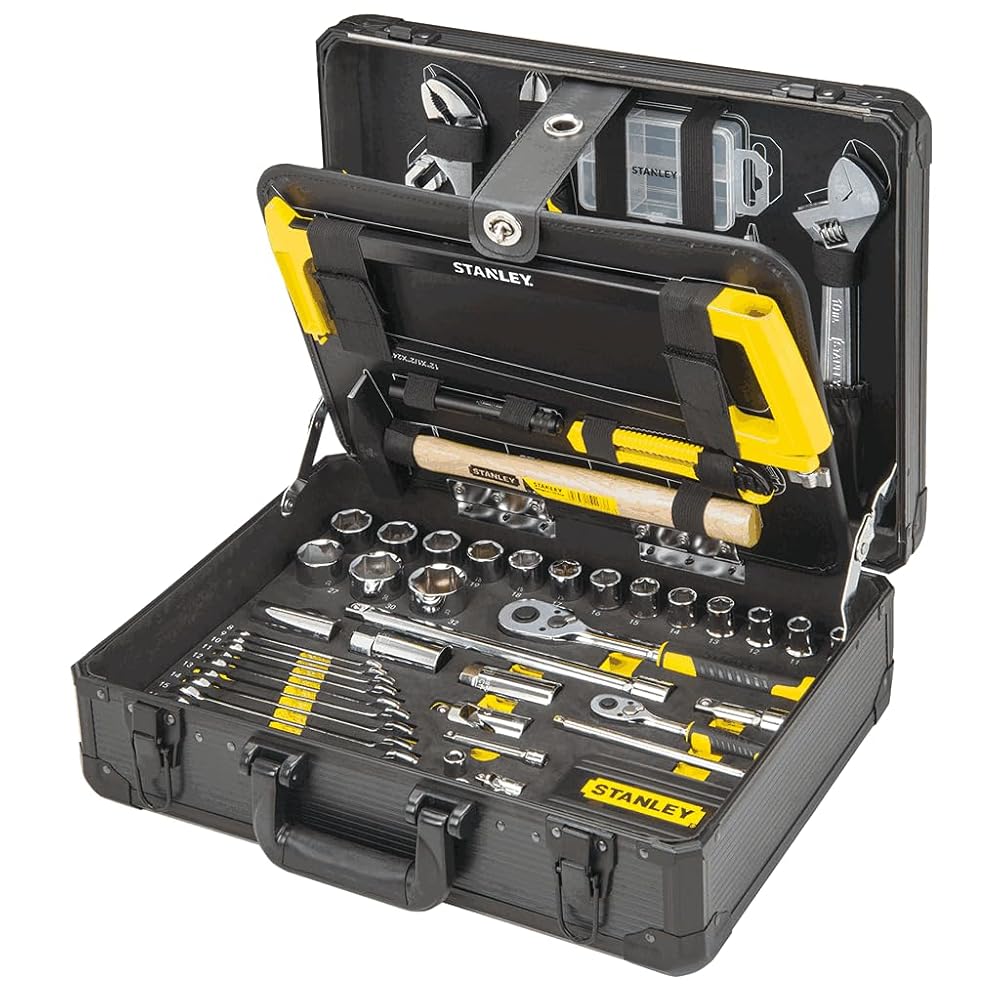 STANLEY 142 Piece Mixed Tool Set Maintenance Case, Pliers and Cutters, Adjustable Wrench, Level, Measure, Screwdriver, Hacksaw, Hammer, STMT98109-1