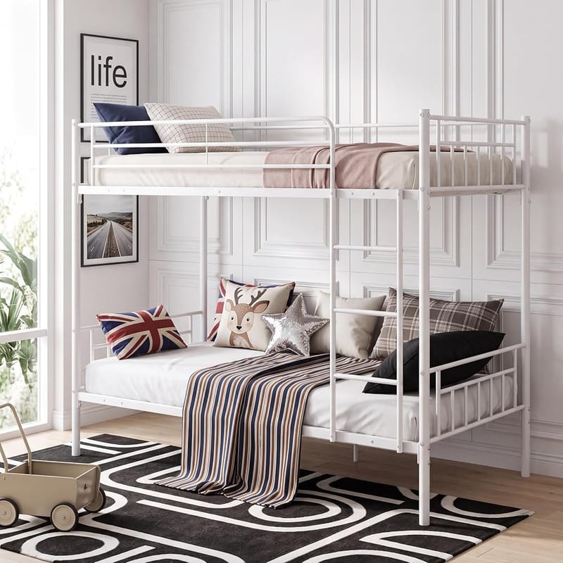 Panana Silver Twin Bunk Beds Metal Bunk Bed Frame with Ladder Steady Metal Slats for Kids Adult Twins (White)