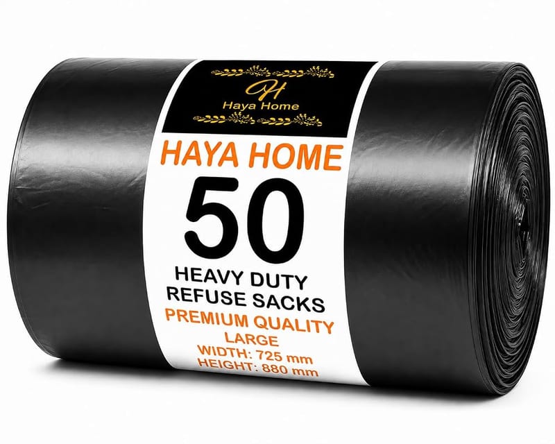 Haya Home 50 Black Plastic Bin Bags Heavy Duty Bin Liners, Refuse Sacks Pack of 50, Heavy Duty Waste Dustbin Bags Roll 90L for Kitchen Home Office DIY Garden, Made from 100% Recycled Material