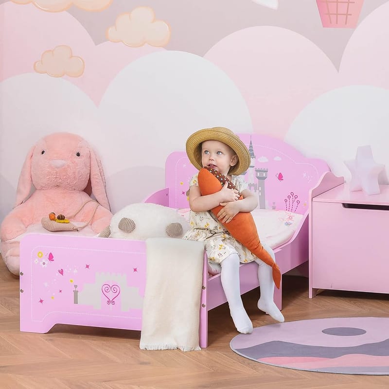 HOMCOM Kids Bed Princess Castle Theme Toddler Bed Frame with Safety Rails, Bedroom Furniture