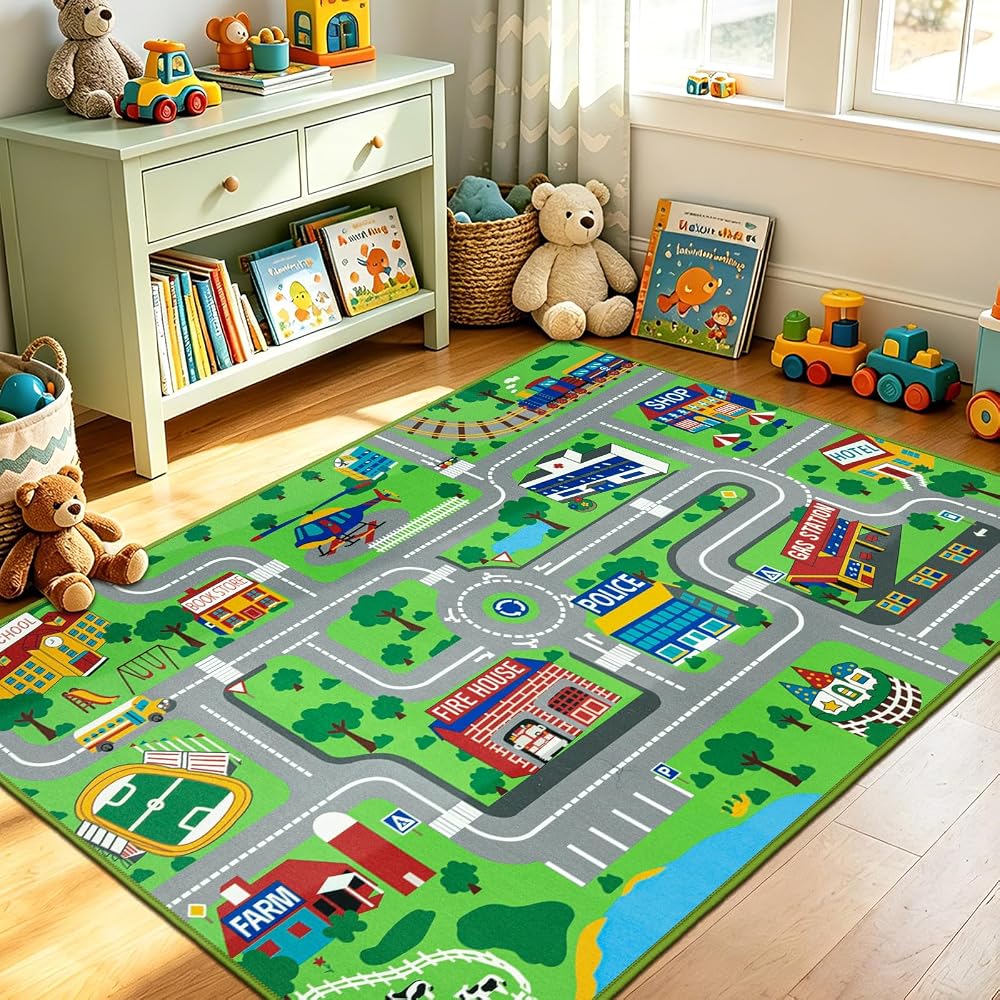 Capslpad Kids Play Rug Town City Road Car Mat 160x100 cm Kids Carpet Playmat Exercise Mat Learning Educational Area Rug for Children, Green