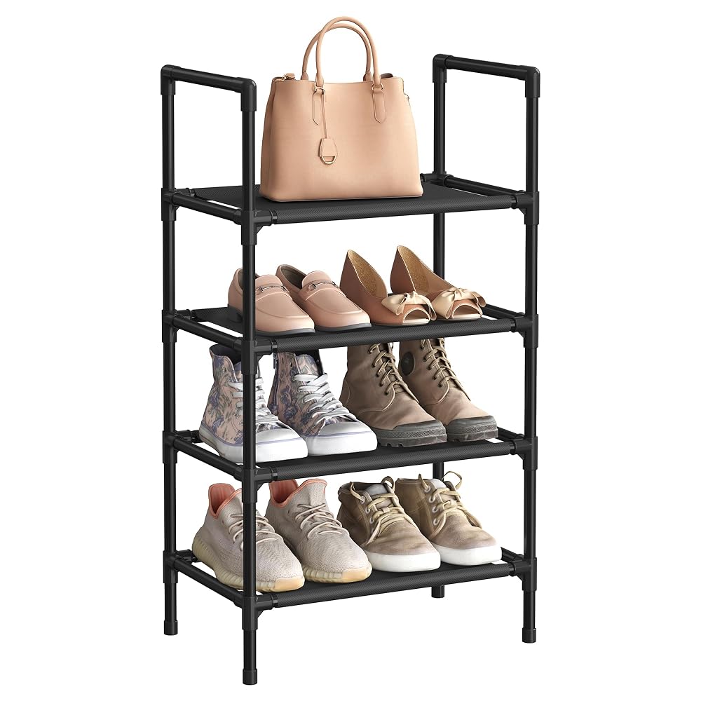 SONGMICS 4-Tier Shoe Rack, Shoe Shelf, Shoe Storage Organiser, Space-Saving, Metal Frame, Black