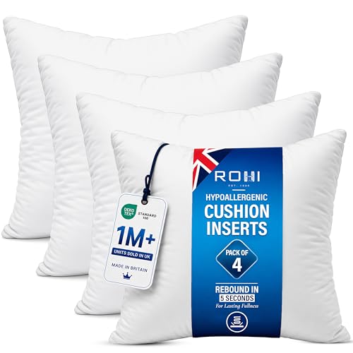 Rohi Set of 4 Hypoallergenic Cushion pads 45cm x 45cm - White polyster square Cushions - Standard stuffer pack of Cushion inserts 45cm x 45cm (Pack of 4 | 18"x18")