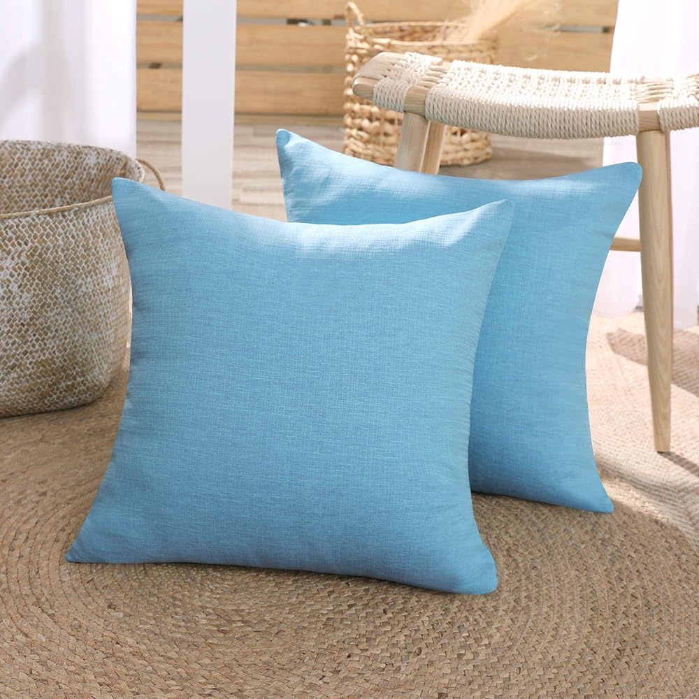 Deconovo Set of 2 Faux Linen Square Cushion Covers, Plain Throw Pillow Covers, Lake Blue 18x18in