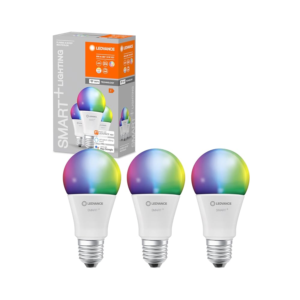 LEDVANCE Smart+ WiFi Classic Multicolour LED Lamp, E27, RGBW 2700-6500K (3-Pack)