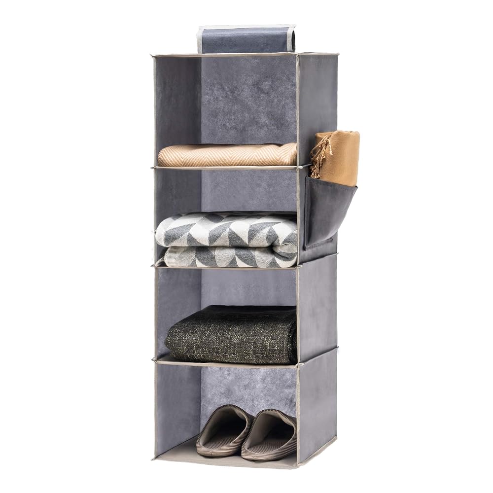 YOUDENOVA Hanging Closet Storage Organizer, 4 Shelves, Wardrobe Storage with Side Pockets, Grey