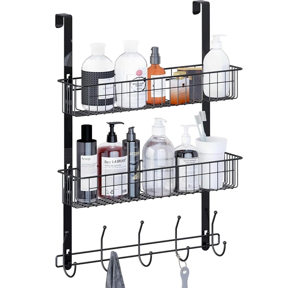 LUCYCAZ Over The Door Hook Hanger, Over Door Hanger with 5 Hooks and 2 Mesh Deep Baskets, Black