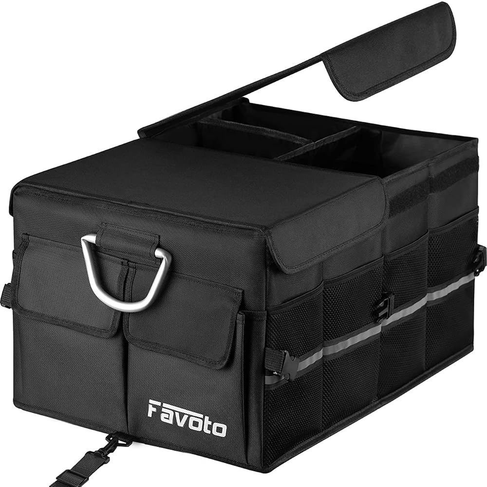Favoto Car Boot Organiser with Lid, Collapsible Storage Bag Multi Compartment Heavy Duty Sturdy Oxford Material, with Night Reflectors