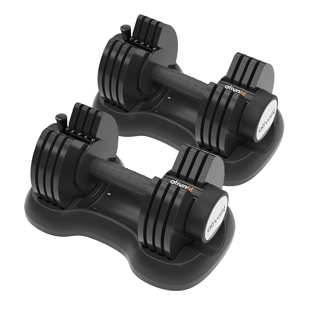 ATIVAFIT Adjustable Dumbbells Pair, 10-Level Quick Dial Adjust 2-25kg, Anti-Slip Metal Handle