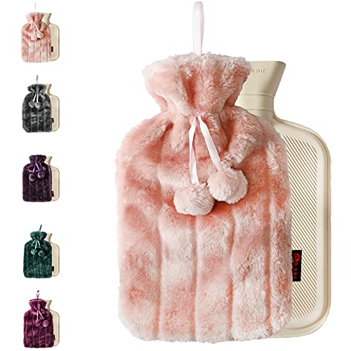 Ram Large Cosy 2L Litre Rubber Hot Water Bottle with Faux Fluffy Cover, Pink