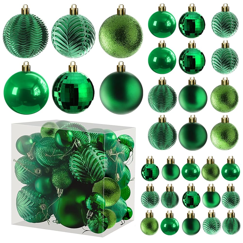 Prextex Green Christmas Ornaments Balls — 36-Piece Shatterproof Christmas Tree Baubles in Matte, Glitter and Shiny Finishes, 3 Sizes