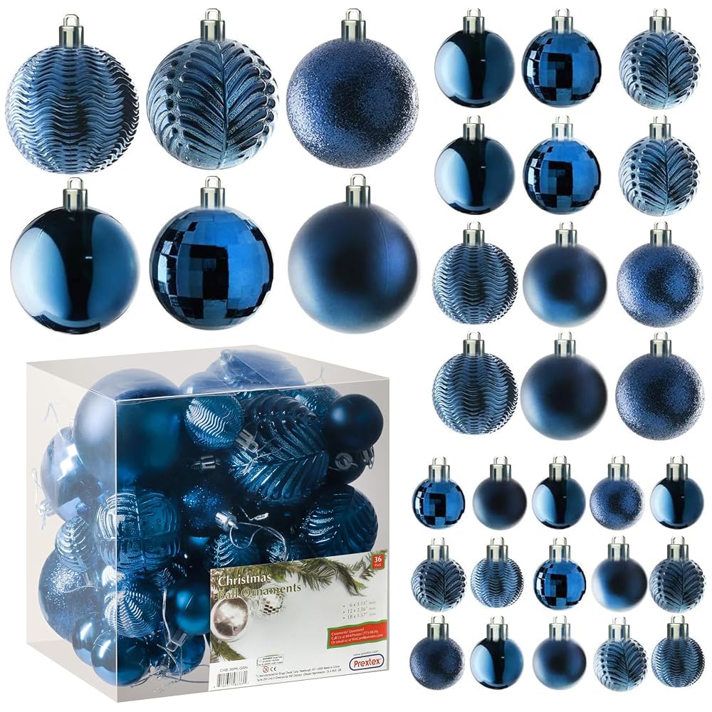 Prextex Midnight Blue Christmas Ornaments Balls — 36-Piece Shatterproof Christmas Tree Baubles Set, 3 Sizes