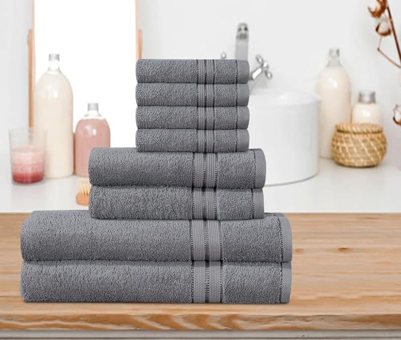 100% Woven Cotton Soft Plush and Fluffy 600 GSM Towel Bale Set, 8 Pieces, Silver-Grey