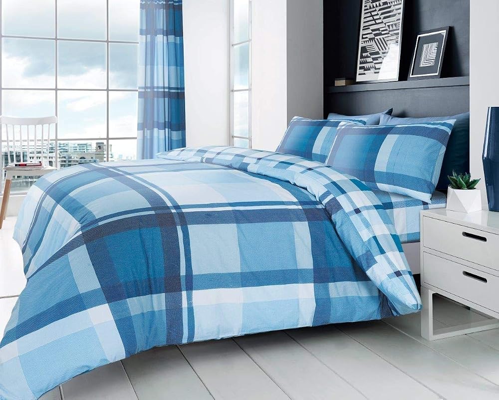 GC GAVENO CAVAILIA Geometric Check Duvet Cover Set King Size, Reversible Bedding Set with Matching Pillowcases, Soft Easy Care Polyester, Blue