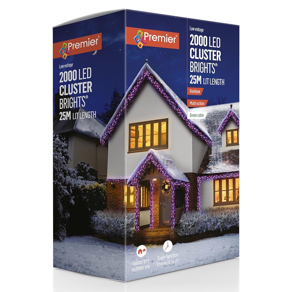 Premier 2000 Rainbow Multi Action LED Cluster Christmas Lights with Timer, 25m