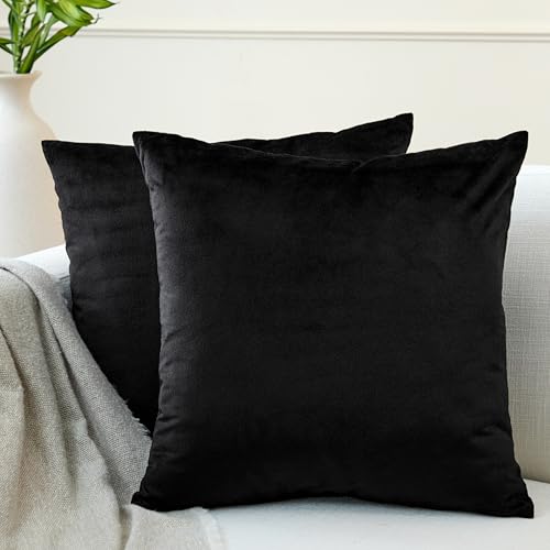 Encasa XO Velvet Cushion Covers (45x45cm) Set of 2, Black, Luxurious Square Velvet Throw Pillow Covers with Invisible Zippers