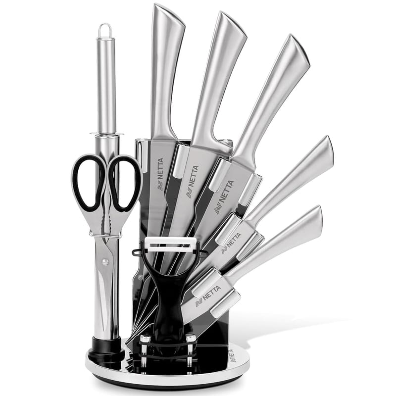NETTA Kitchen Knife Set with Block - Professional 8-Piece Stainless Steel with Scissors, Sharpener and Peeler