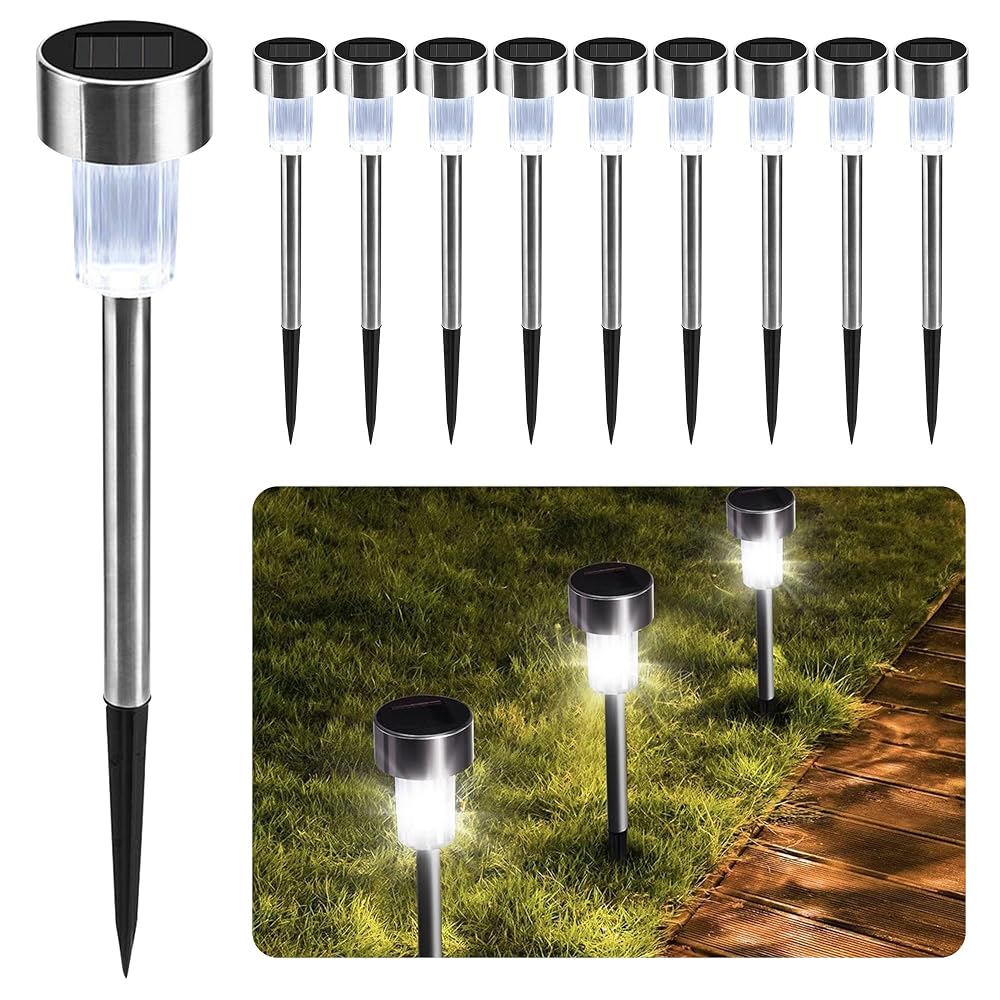 CUQOO Solar Garden Stake Lights, White 10 LED Waterproof Stainless Steel Pathway Lights, Rechargeable