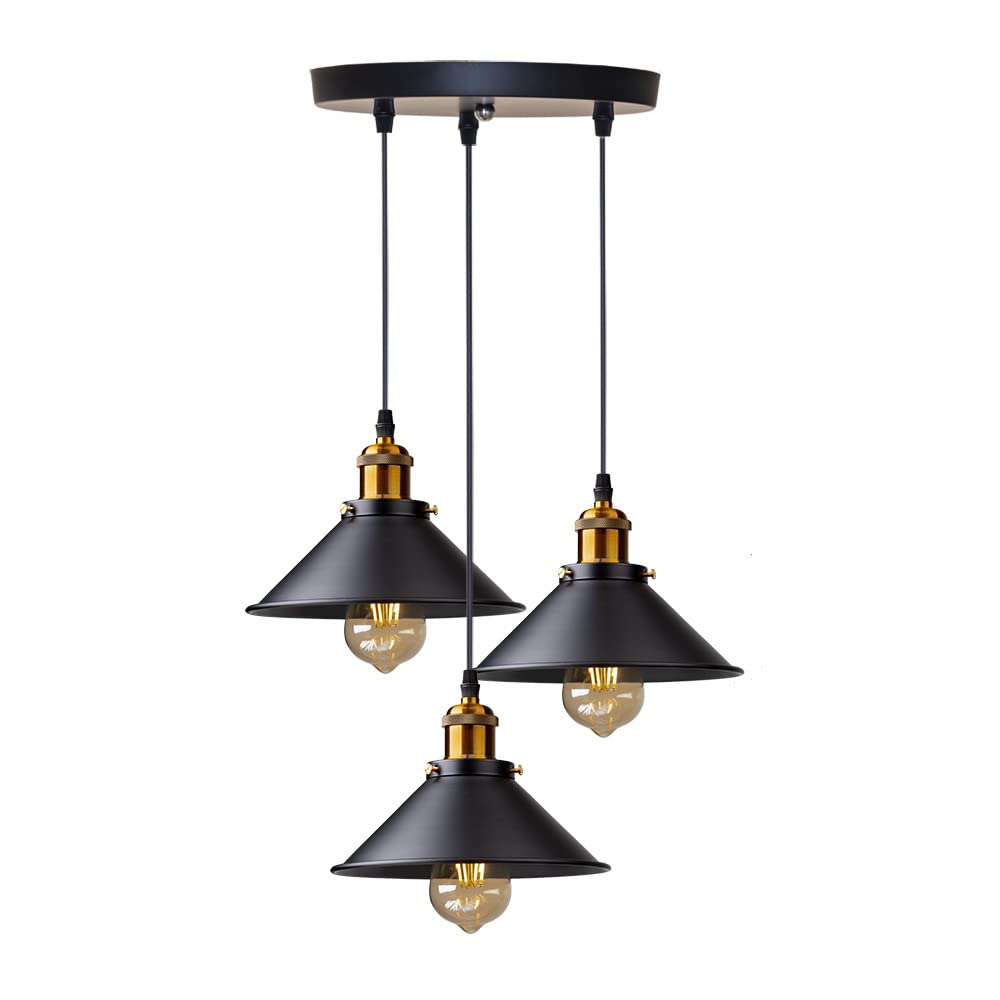 DELIPOP Vintage 3-Light Hanging Pendant, Industrial Ceiling Fitting, Metal, E27 (No Bulbs)
