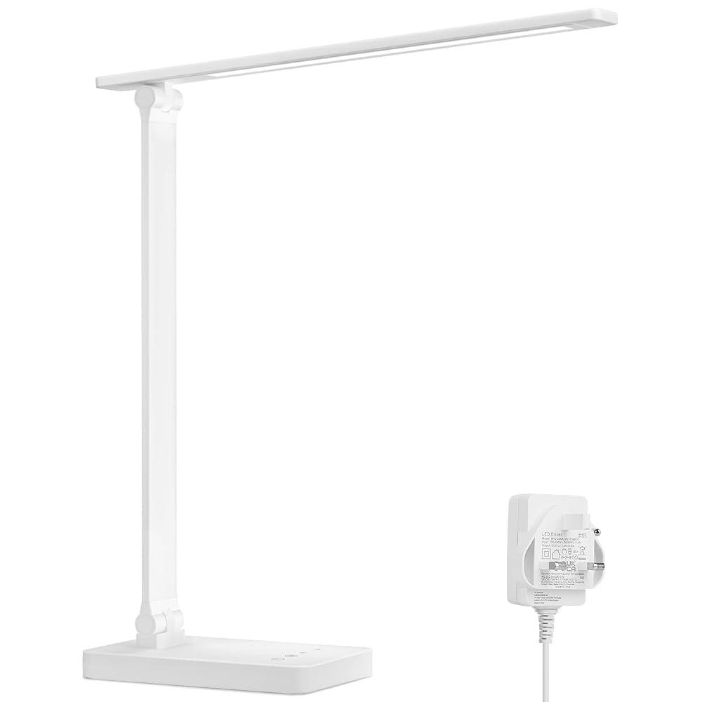 Lepro Desk Lamp, LED Desk Lamp with Power Adapter, 9.2W 800lm, Dimmable, 5 Brightness Levels x 5 Colour Modes, Touch Control, Suit for Office, Study, Bedroom, White