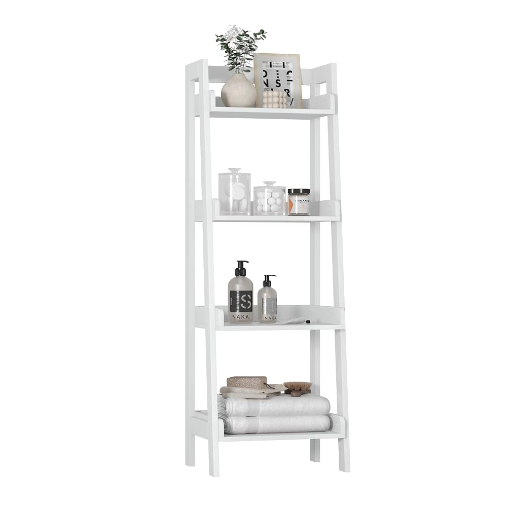 UTEX 4-Tier Ladder Shelf, Bathroom Shelf Freestanding, Spacesaver Open Wood Shelving Unit, White