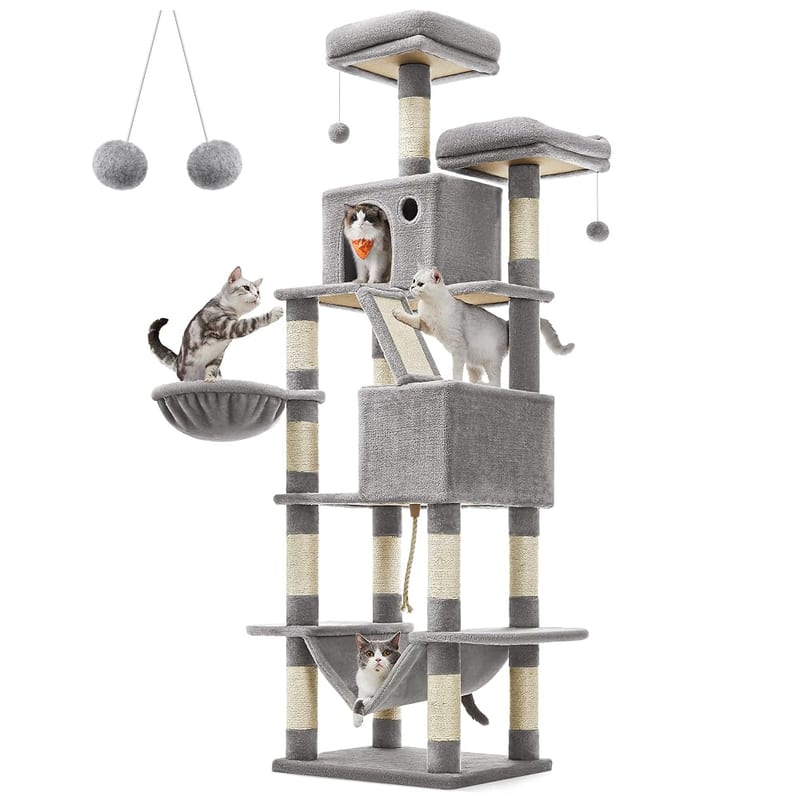 Feandrea Cat Tree, 206cm Large Cat Tower Condo with 13 Scratching Posts, 2 Perches, 2 Caves, Hammock