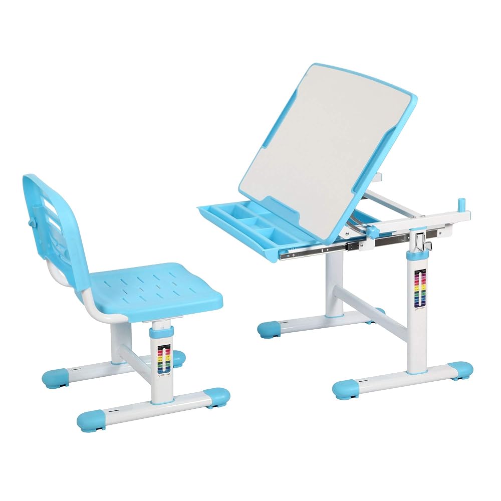BODI Kids Desk and Chair Set, Childrens Desk Height Adjustable School Study Table with Tilt Desktop, Metal Hook and Storage Drawer