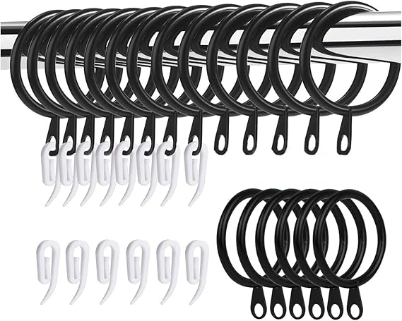 50 Pack Curtain Rings and Hooks, 30mm Metal Curtain Hooks(Black) | Drapery Hanging Rings Curtain Hooks Plastic White for Curtains and Rods, Drape Sliding Eyelet Rings