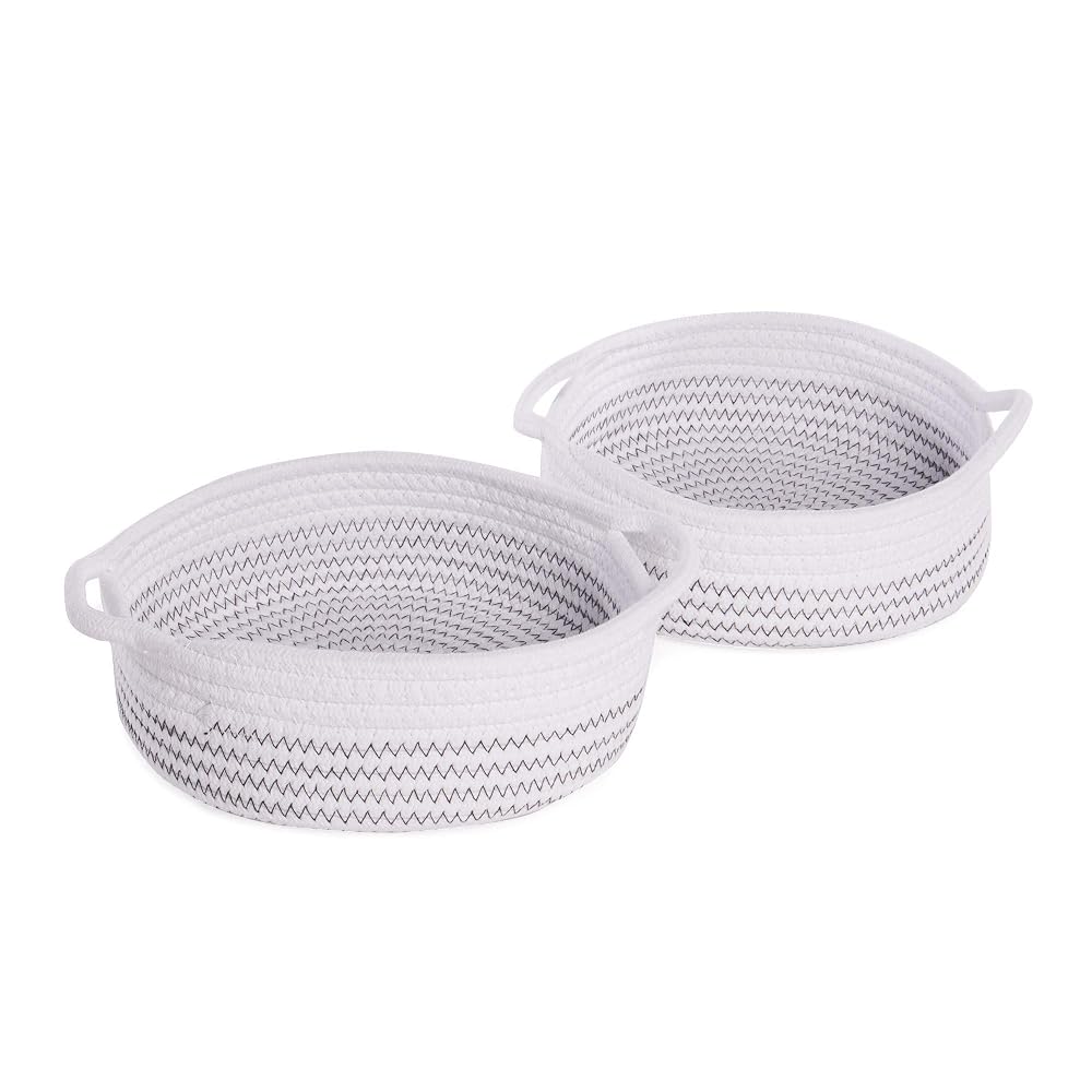 M&W Cotton Rope Storage Baskets, Set of 2, White with Black Thread Detail