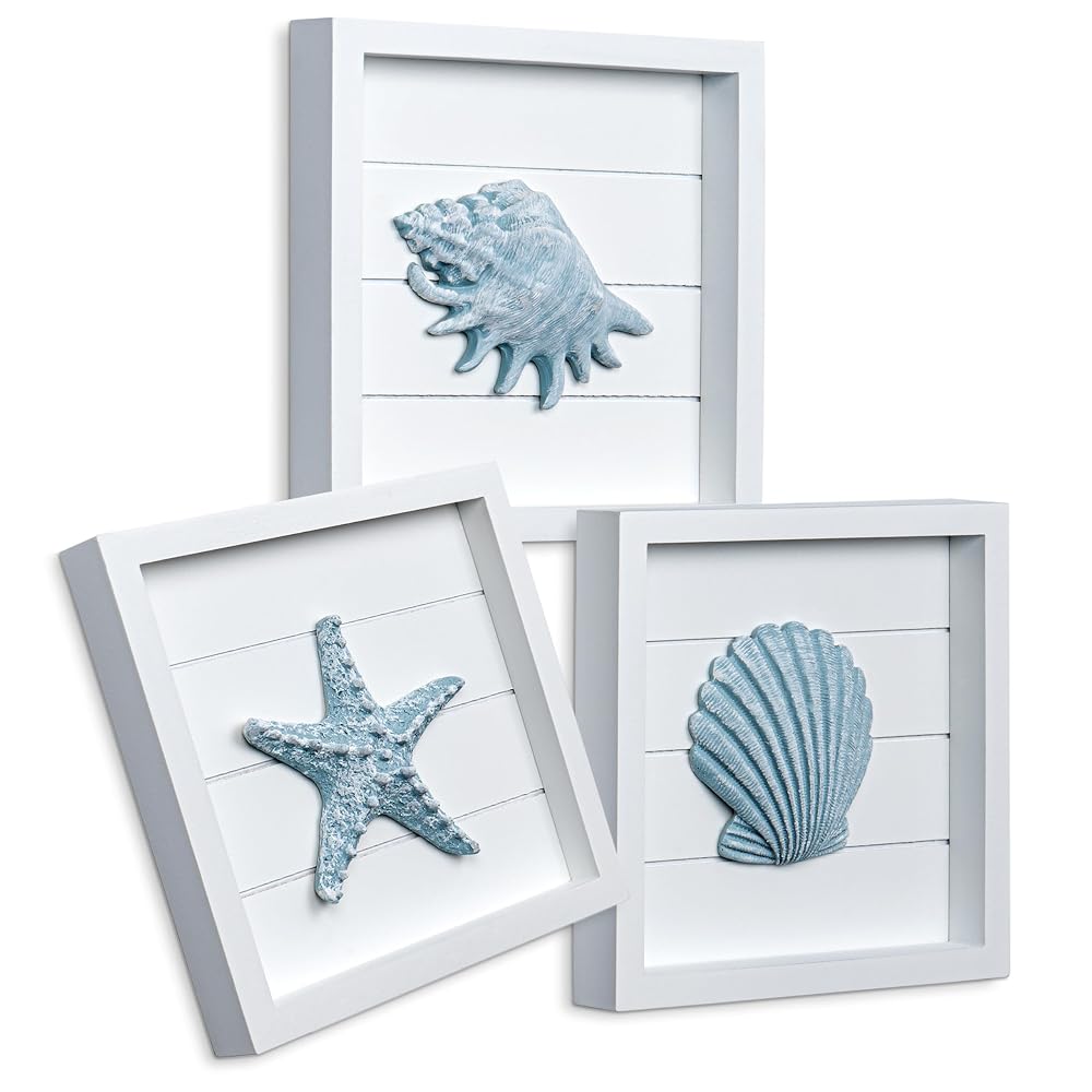 TideAndTales Blue Seashells and Starfish (Framed Set of 3) Coastal 3D Wall Art for Bathroom or Bedroom, Ocean-Inspired Beach Decorations for Home or Beach House