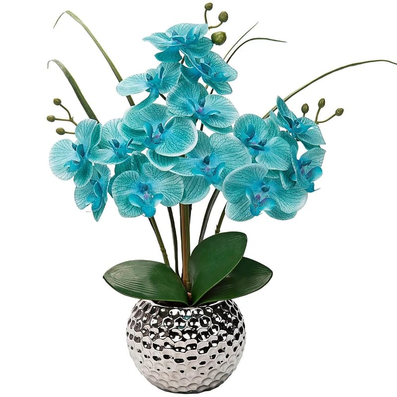 Briful 20.8" Artificial Flowers Silk Orchid in Silver Ceramic Pot, Silk Orchid Plant Blue Artificial Phalaenopsis Flowers for Wedding Coffee Table Centerpiece Home Decor