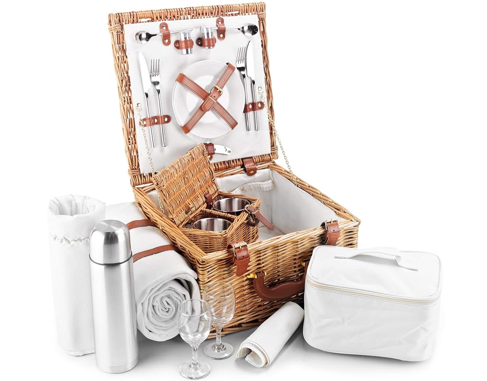 Wicker Picnic Basket for 2 - Fitted Picnic Set with Insulated Cooler, Porcelain Plates, Fleece Blanket