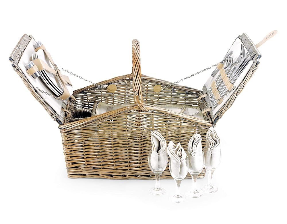 Regency Hampers Luxury Picnic Basket Set - Double-Lidded Wicker Hamper for 4 with Cutlery, Glasses and Plates