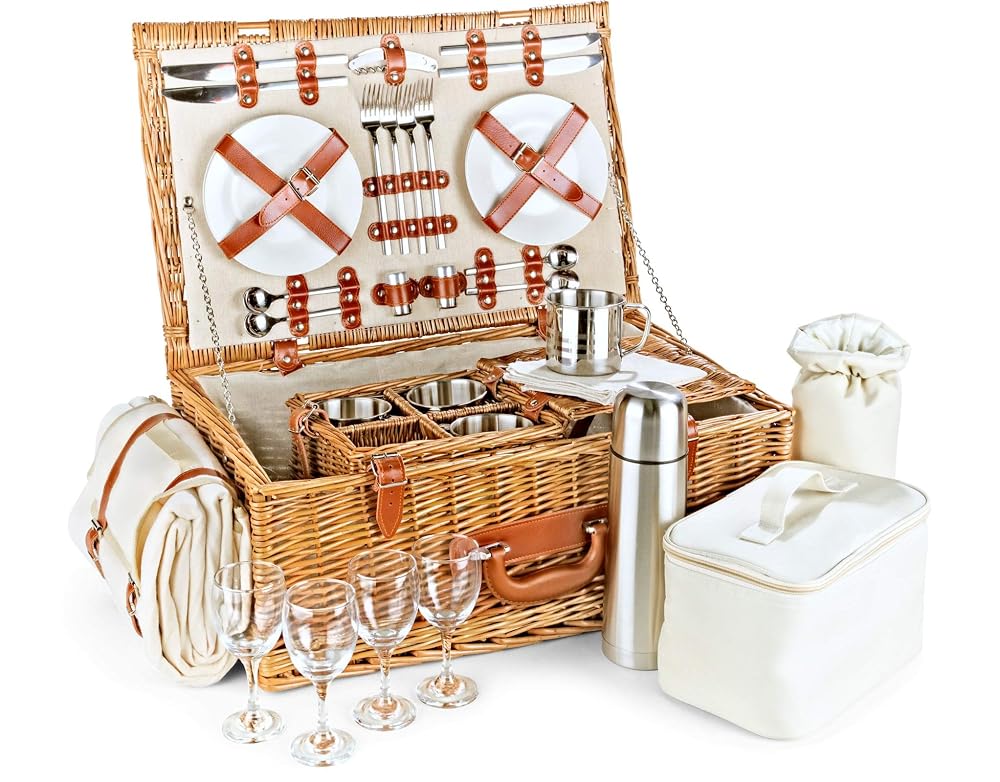 Wicker Picnic Basket Set for 4 with Insulated Cooler, Fleece Blanket, Porcelain Plates & Cutlery
