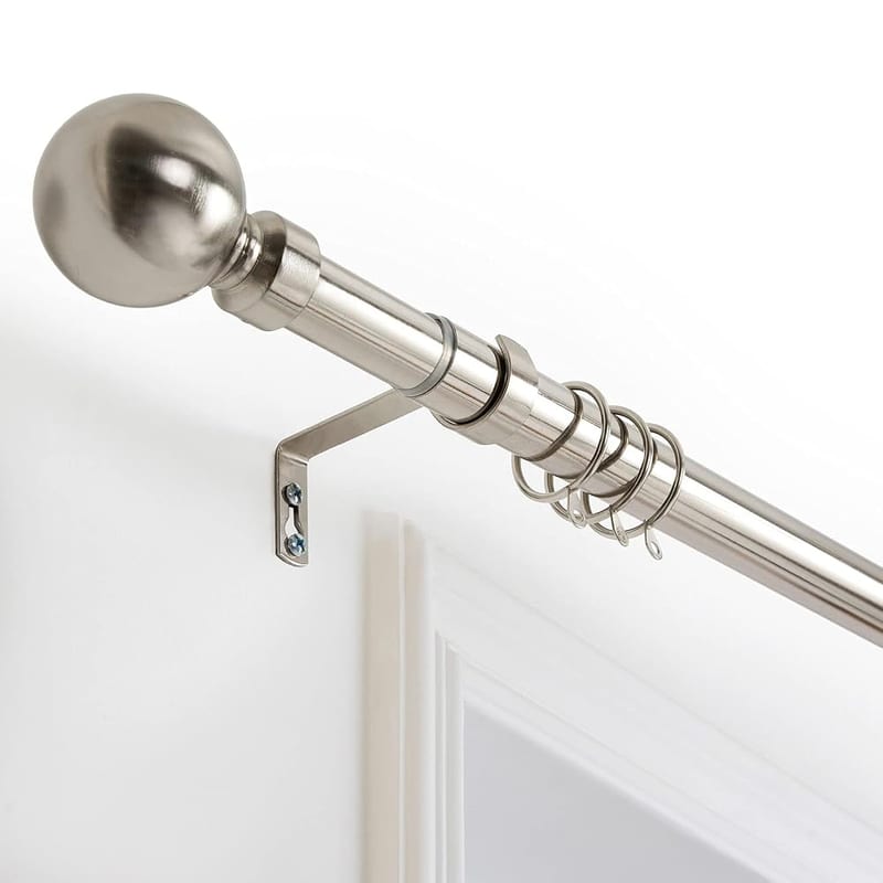 Oxford Homeware Curtain Poles Metal Extendable - Durable Plain Ball Curtain Pole Set Includes Finials, Rings, Brackets & Fittings (Brushed Silver, 120-210cm)