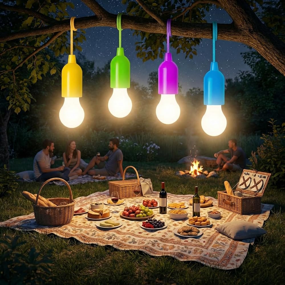 GloBrite Pack of 4 Battery Operated Lights - LED Pull Cord Bulbs for Camping, Power Outages, Tents and Closets