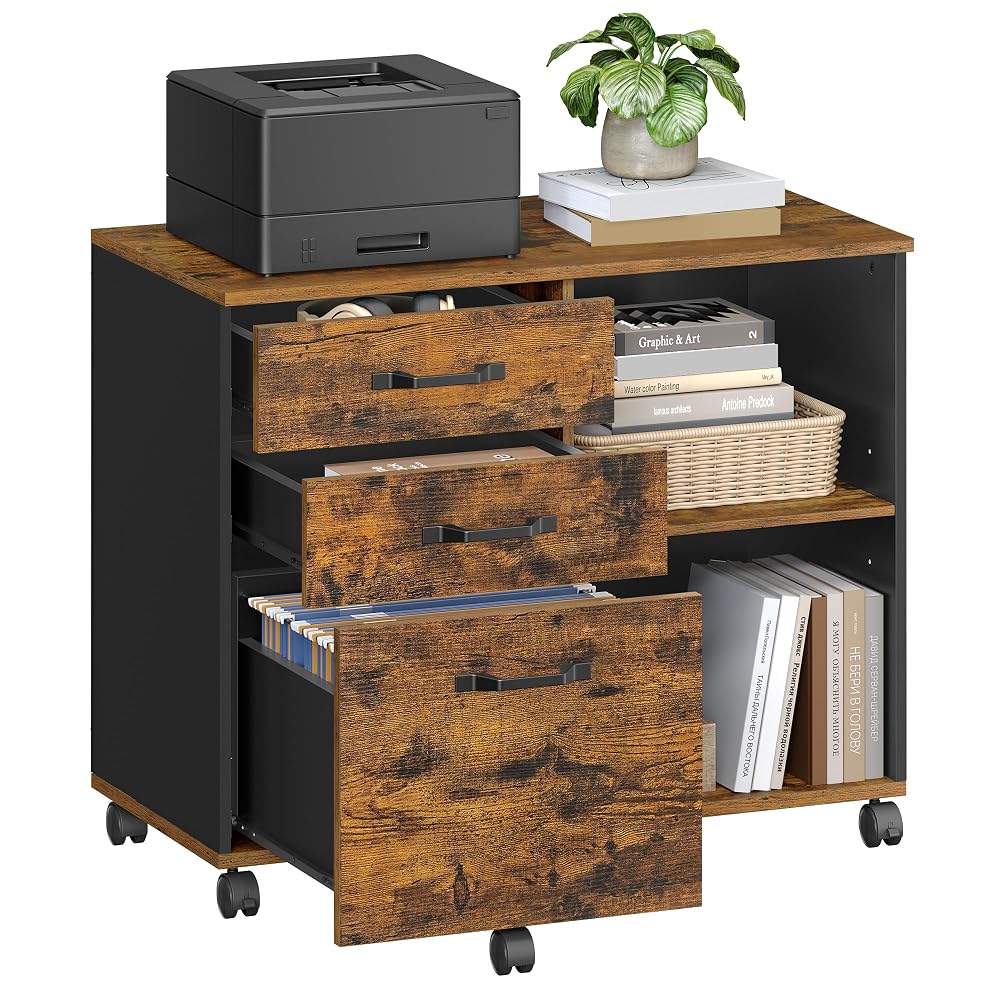 VASAGLE 3 Drawer File Cabinet, Mobile File Cabinet, Lateral Open Compartments for A4, Letter Documents, Printer Stand, Rustic Brown and Black