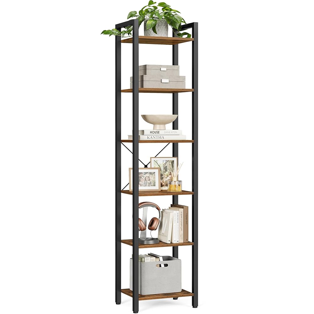 VASAGLE 6-Tier Bookshelf, Bookcase, Shelving Unit, for Office, Study, Living Room, Bedroom, Industrial, Rustic Brown and Ink Black