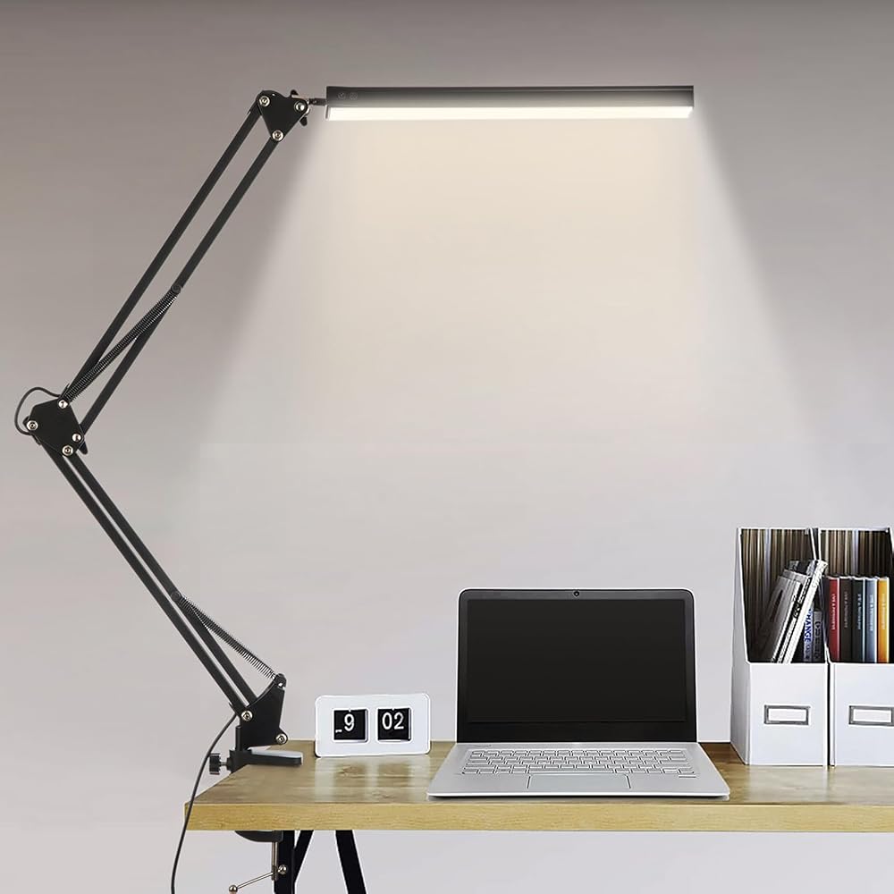BIENSER LED Desk Lamp with Clamp, Swing Arm Desk Lamp, Eye-Caring Dimmable Desk Light with 10 Brightness, 3 Lighting Modes